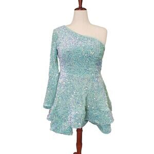 NWT Seafoam Green Asymmetric One Long Sleeve Short Sequin Dress